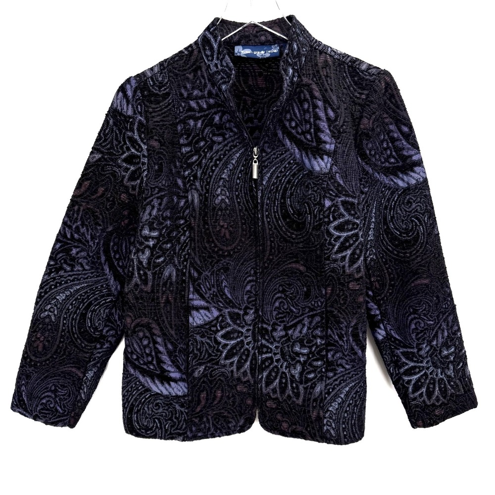 Susan Graver Paisley Full Zip Jacket Size M Whimsigoth Black Purple Pockets